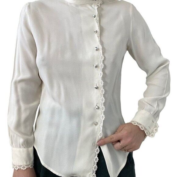 Vintage Ellen Tracy White Romantic Dark Academia Floral Button Blouse Sz S - Picture 9 of 11